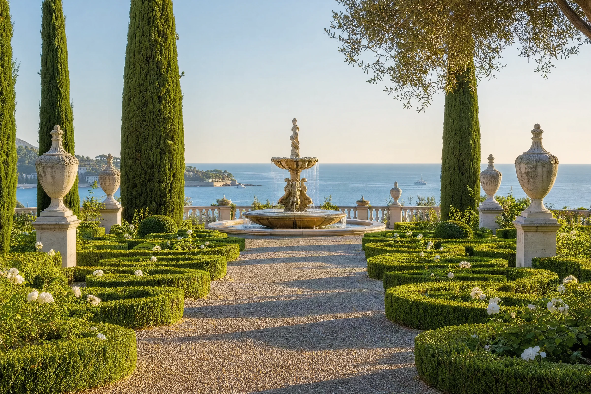 Jardins en terrasse de la Villa Ephrussi de Rothschild dominant la baie de Saint-Jean-Cap-Ferrat