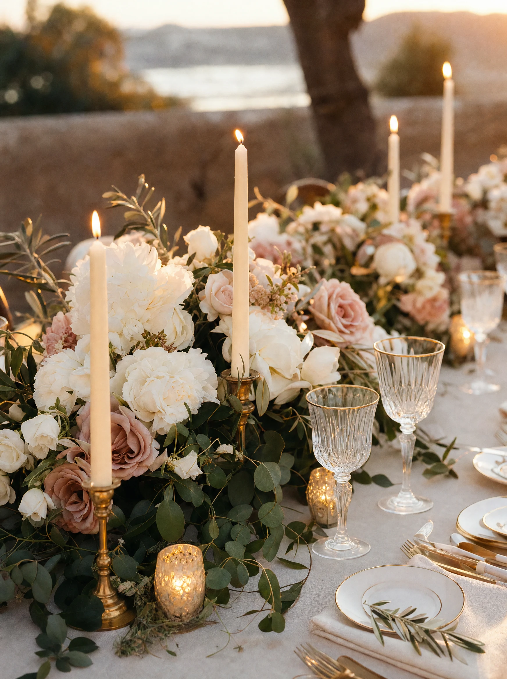 Décoration florale et bougies sur une table de réception dressée